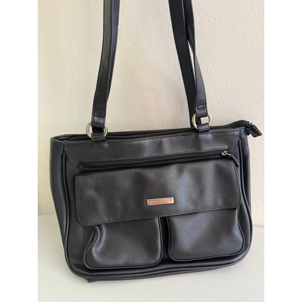 Rosetti Black Faux Leather Shoulder Bag Organizer Handbag Multi Pocket Purse